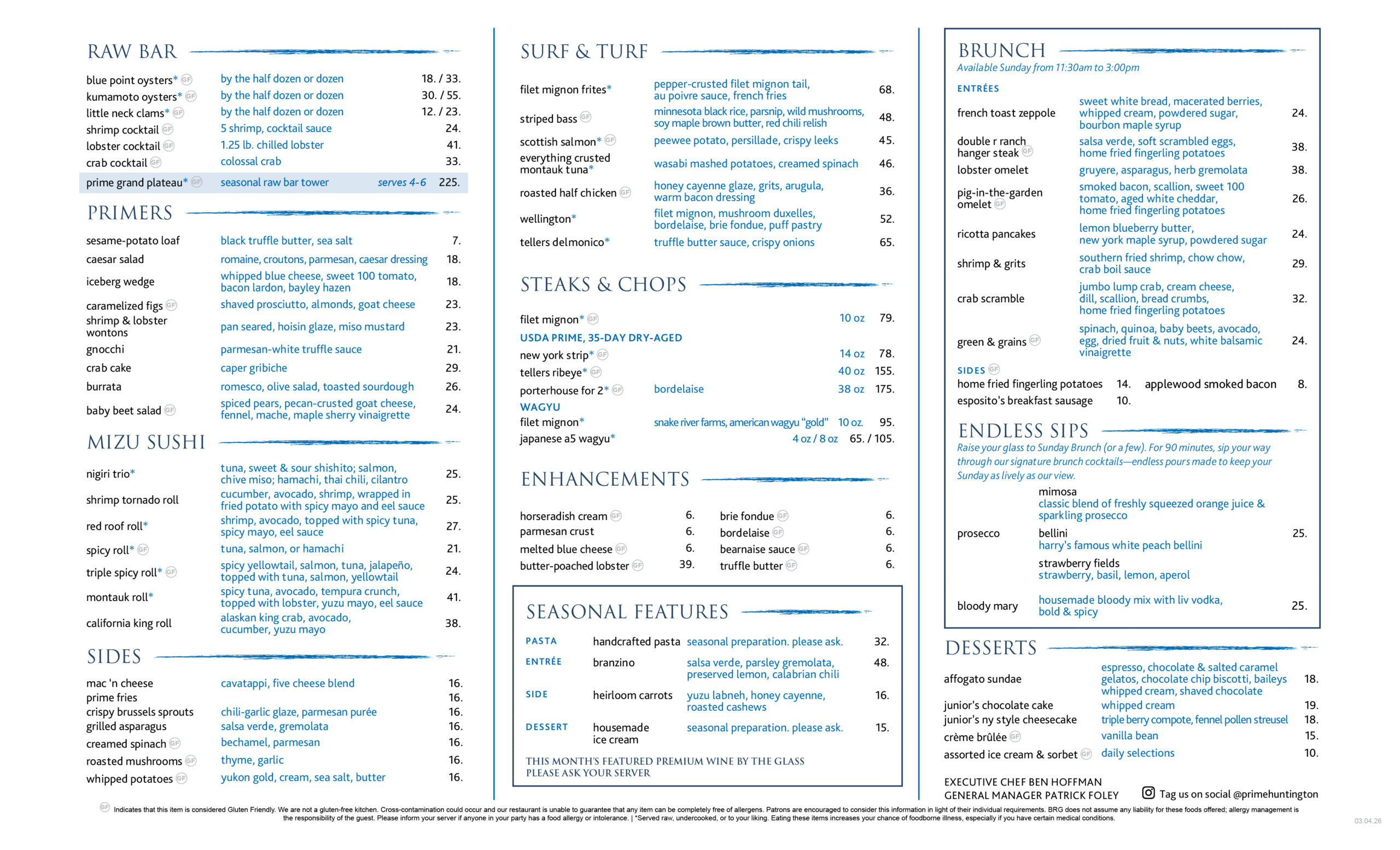 menu_primeHunt_brunch_03.04.2026 Sunday Brunch menu for Prime; call to learn more.